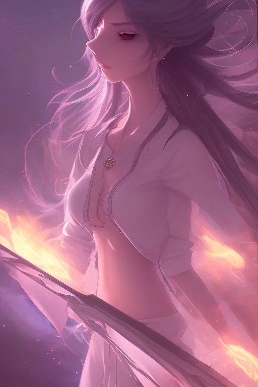 A beautiful anime girl with soft purple and white hair locks blowing in the wind and a Background world of fire and ice