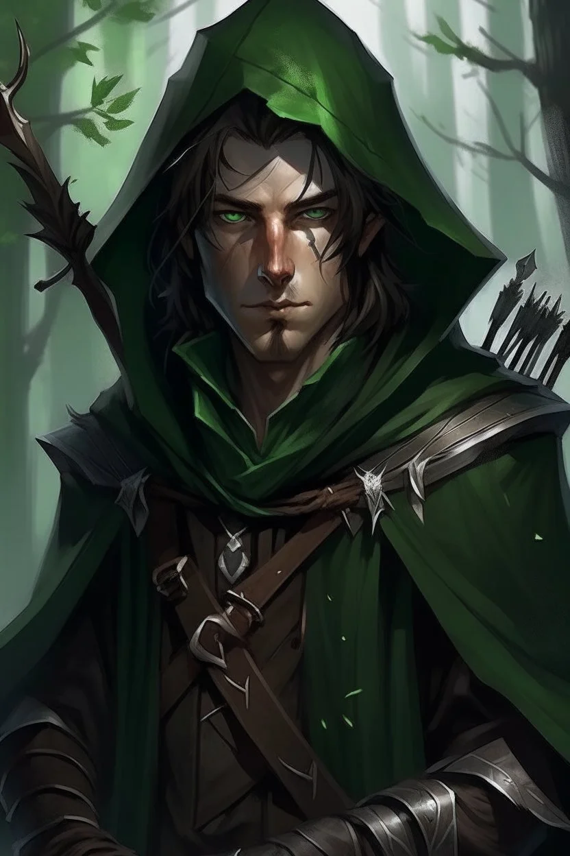 35 year old male rogue elf, thief assassin, purplish hair, messy hair, bright green eyes, brown skin, black hood, black leather, messy, disheveled, trees, sneaky, bow and arrows, long and lean