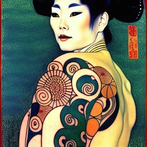 dibujo al oleo de cuerpo entero de una Geisha bella con tatuajes maorís estilo Gustav Klimt