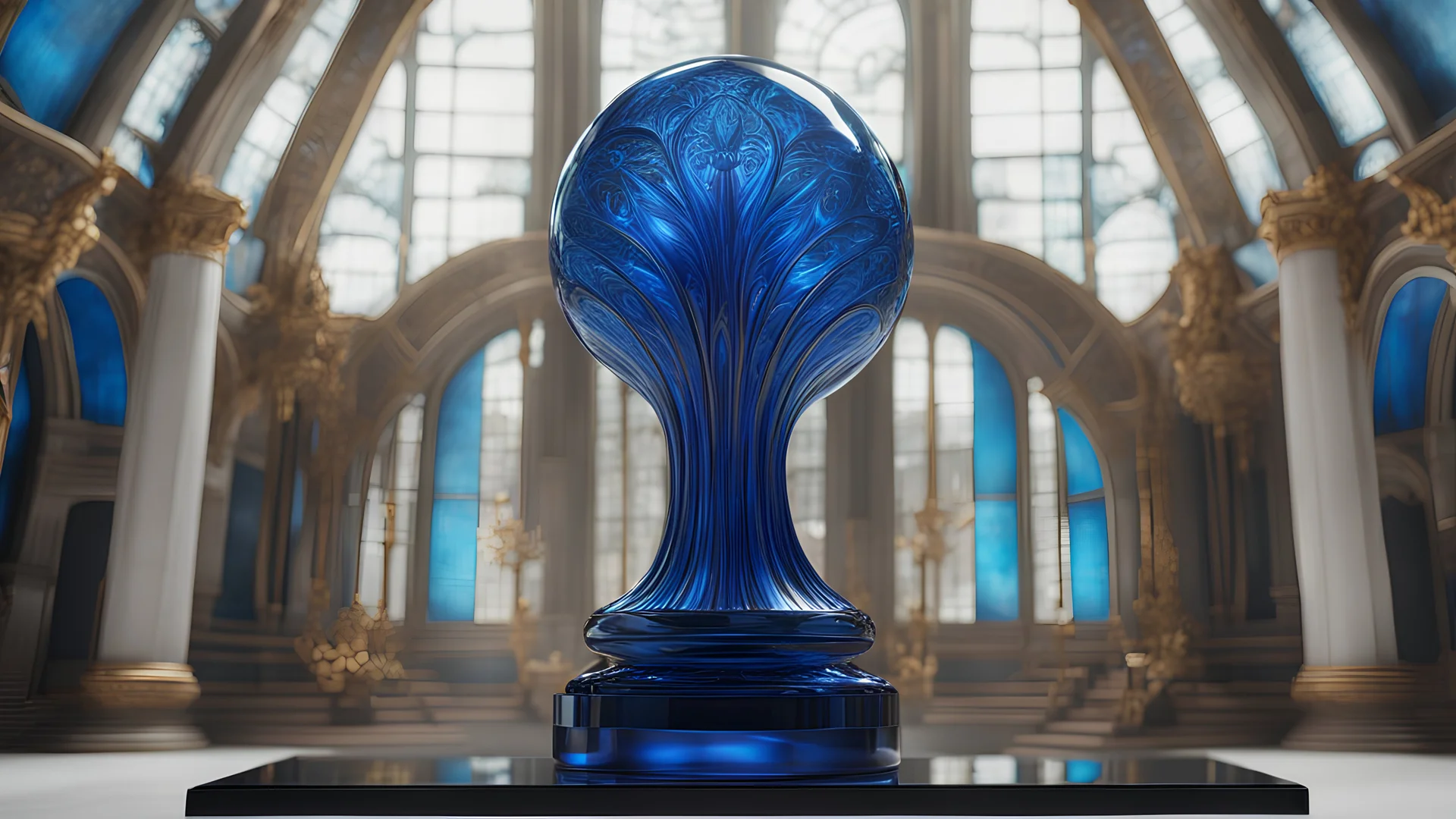 High-end, Die Partei blue glass sculpture, 4th dimensional space, awesome cinematic-quality photography, Art Nouveau-visuals, Vintage style with Octane Render 3D technology, hyperrealism photography, (UHD) with high-quality cinematic character render, Insanely detailed close-ups capturing beautiful complexity, hyperdetailed, intricate, 8k
