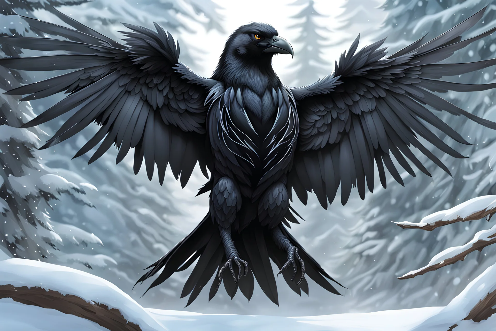 Symbiote Cyber crow in 8k anime realistic drawing style, black wings, close picture, snow, apocalypse, intricate details, highly detailed, high details, detailed portrait, masterpiece,ultra detailed, ultra quality