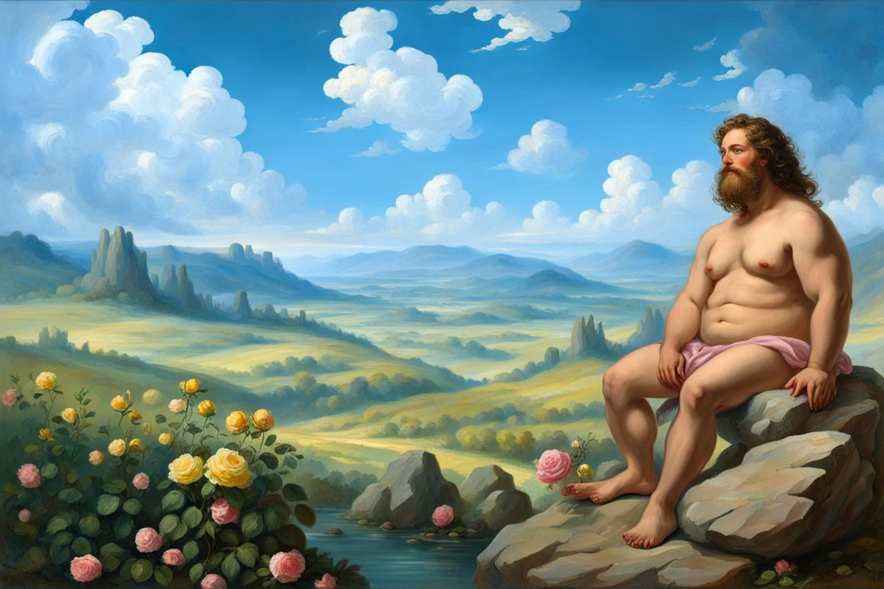 a handsome, fat man with a well-groomed, bearded face and long, curly hair. He is sitting naked on a rock, surrounded by a picturesque valley adorned with pink and yellow rose flowers. The spring sky above is adorned with breathtakingly beautiful clouds. like oil paintings 19th century