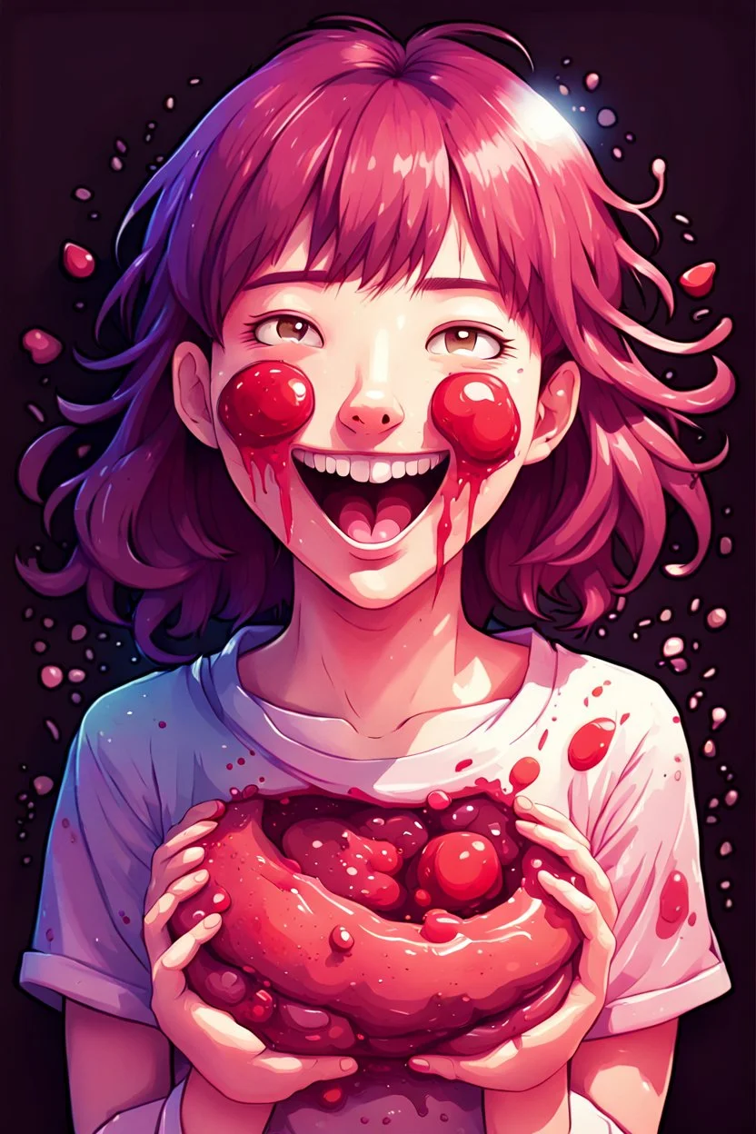 A detailed illustration Anime girl smiling crushed inside really darkred fleshy stomach filled with digestive juices, t-shirt design, in the style of Studio Ghibli, pastel tetradic colors, 3D vector art, cute and quirky, fantasy art, watercolor effect, bokeh, Adobe Illustrator, hand-drawn, digital painting, low-poly, soft lighting, bird's-eye view, isometric style, retro aesthetic, focused on the character, 4K resolution, photorealistic rendering, using Cinema 4D, vector logo, vector art,