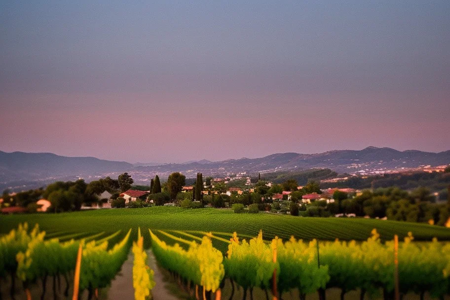 viñedos al atardecer con un pueblo al fondo, fotografía real, foto periodismo, fotografía realizada con una cámara Leica y un objetivo de 50mm