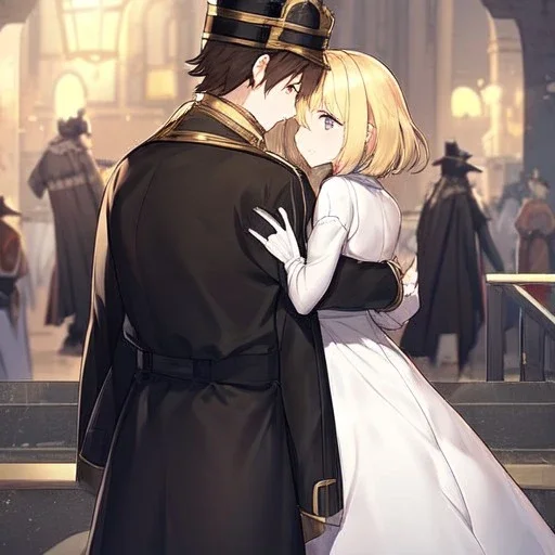 anime coupleday on the other half,ballancing scale, couple is standing back to back, female, white dress, blonde hair, male black coat, male hat, male dark brown hair