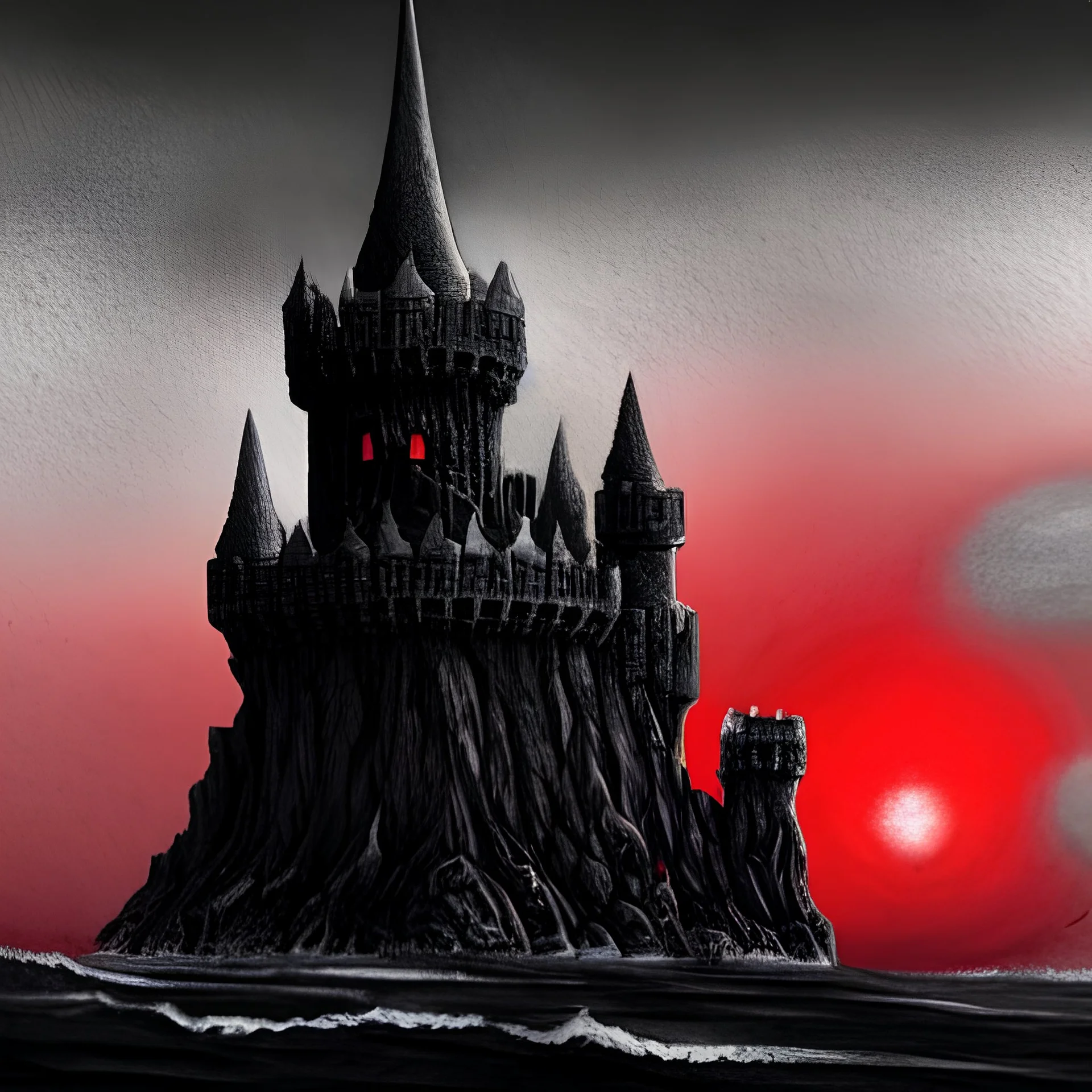 dnd, fantasy, black castle, black sand, illustration, demonic, brutalist, blood-red sky