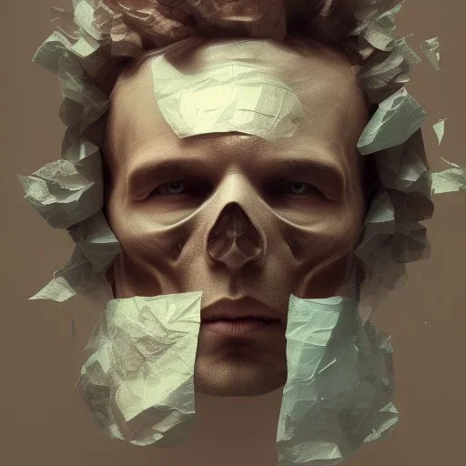 rendered in blender trash bag on his head and crumpled paper as a texture, collage paper and tape, slit - scan photography, high resolution, cinematic, unreal 6, breathtaking detailed