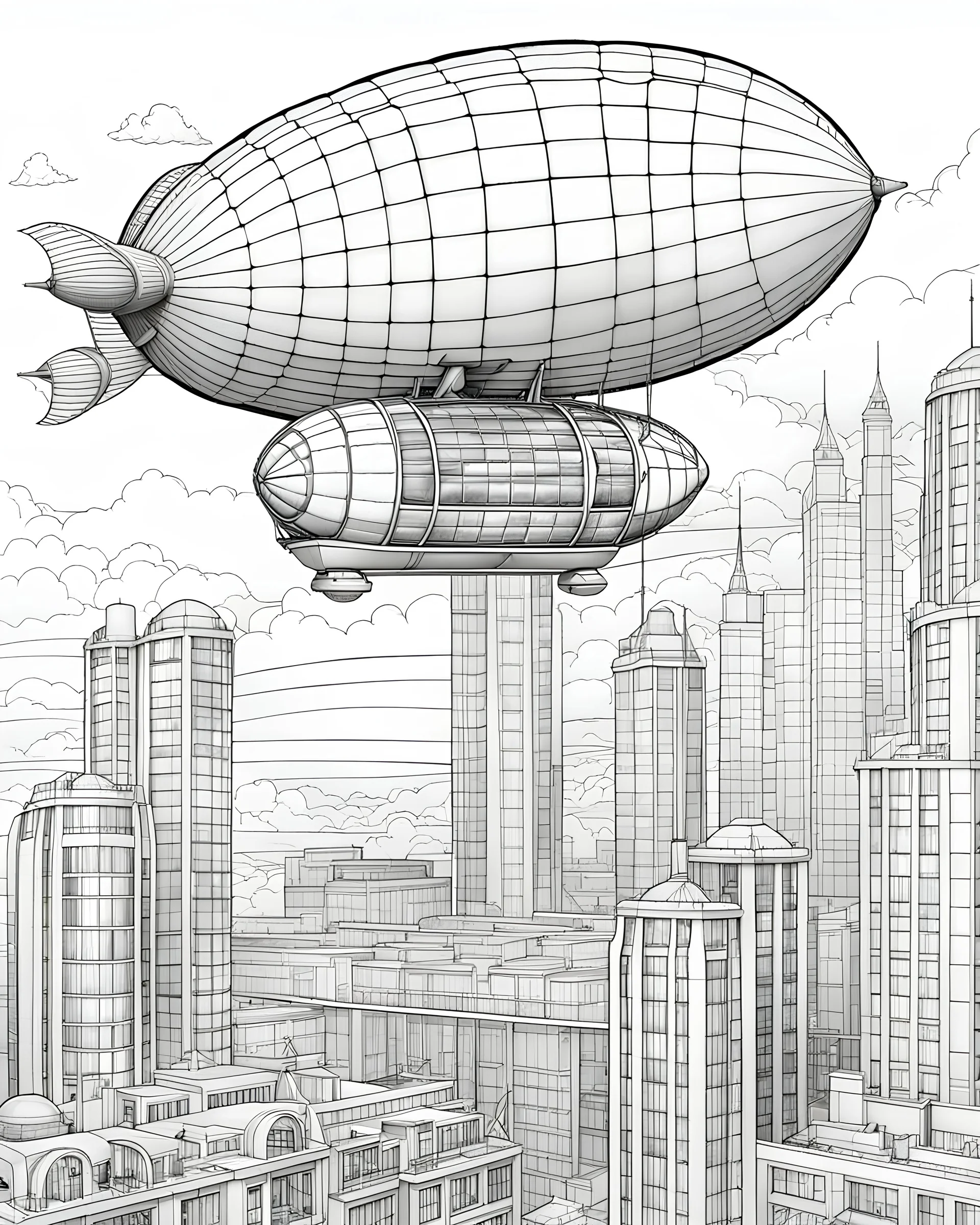 flying blimp, futuristic architecture, adult coloring page, black and white, white backfround, no greyscale, isolated, low detailed, thick outlineshighly detailed, very intricate,
