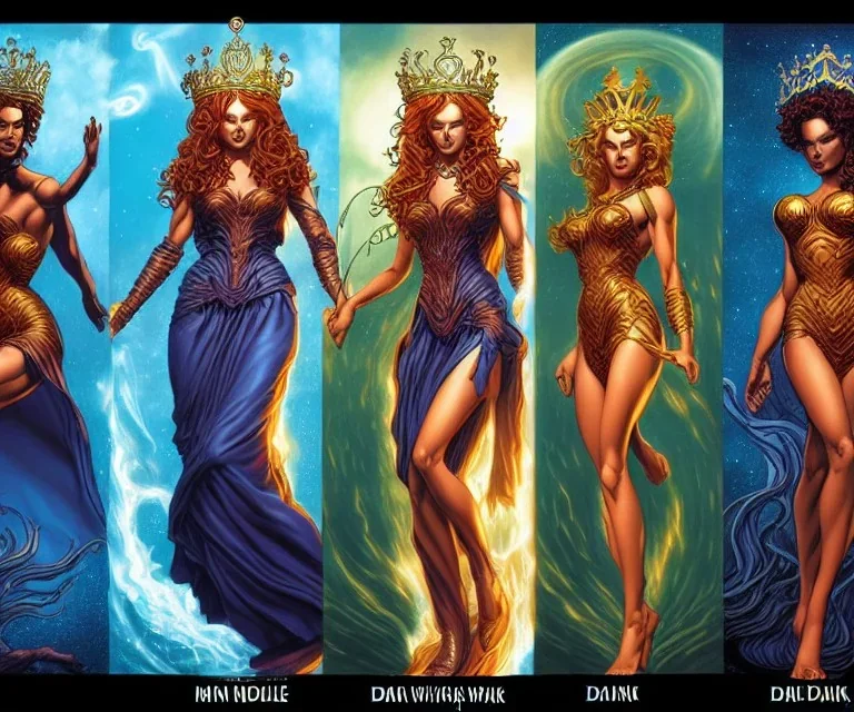 Four doll divine representing each one the four elements: fire, earth, air, and water. Mark Brooks and Dan Mumford, comic book art, perfect, smooth elemental galactic space core royalty queens crown.