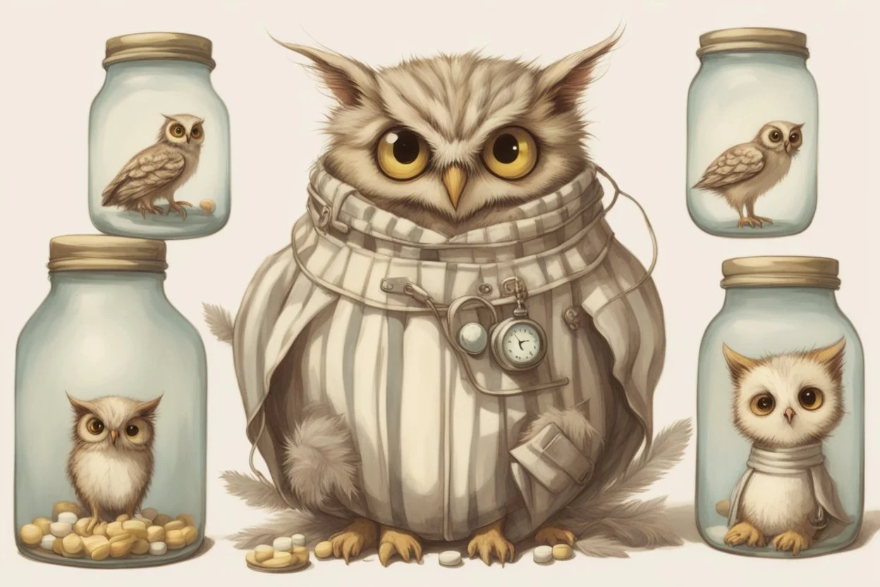 Jean-Baptiste Monge style. Full body of a humanoid biomorph kitten-owl faced nurse in hospital. Pills in jars and piles. A furry striped dress, covered with owl feathers, in sunshine