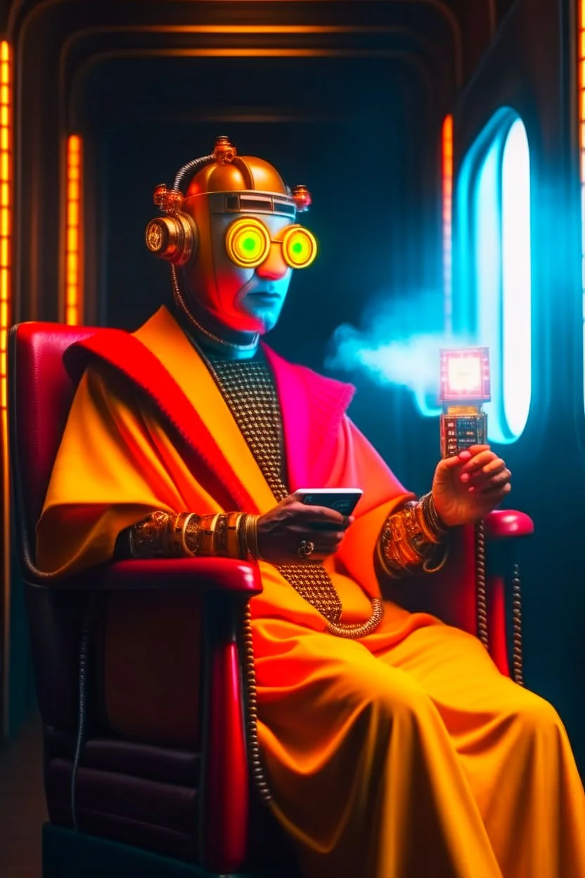 portrait of spiritual monk robot holding lotsa phones chatbot smoking a sigar on a throne in a fast bullet train , smoke, 4k, downlight, soft light, depth of field, photorealism, trending on art station