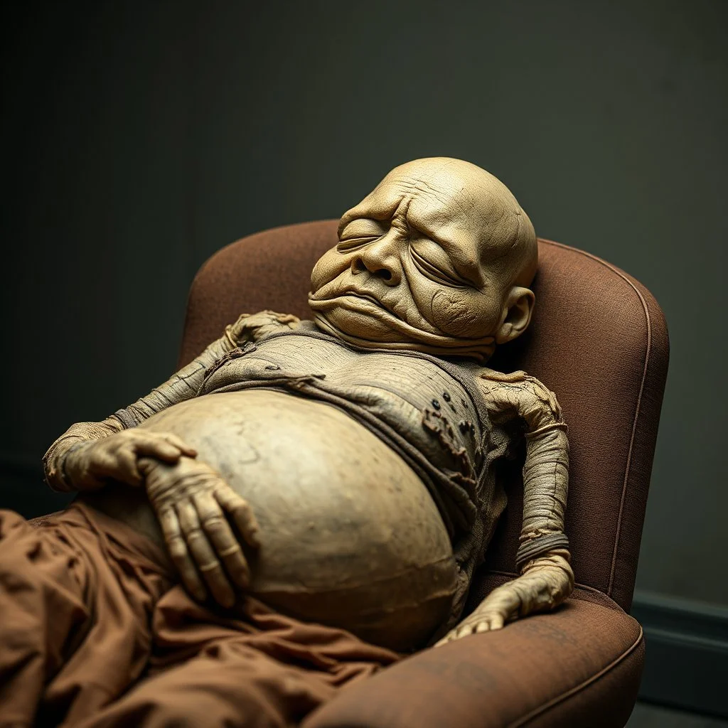 a chubby extremely mummified male corpse, eyes closed, leaned over in a brown chair