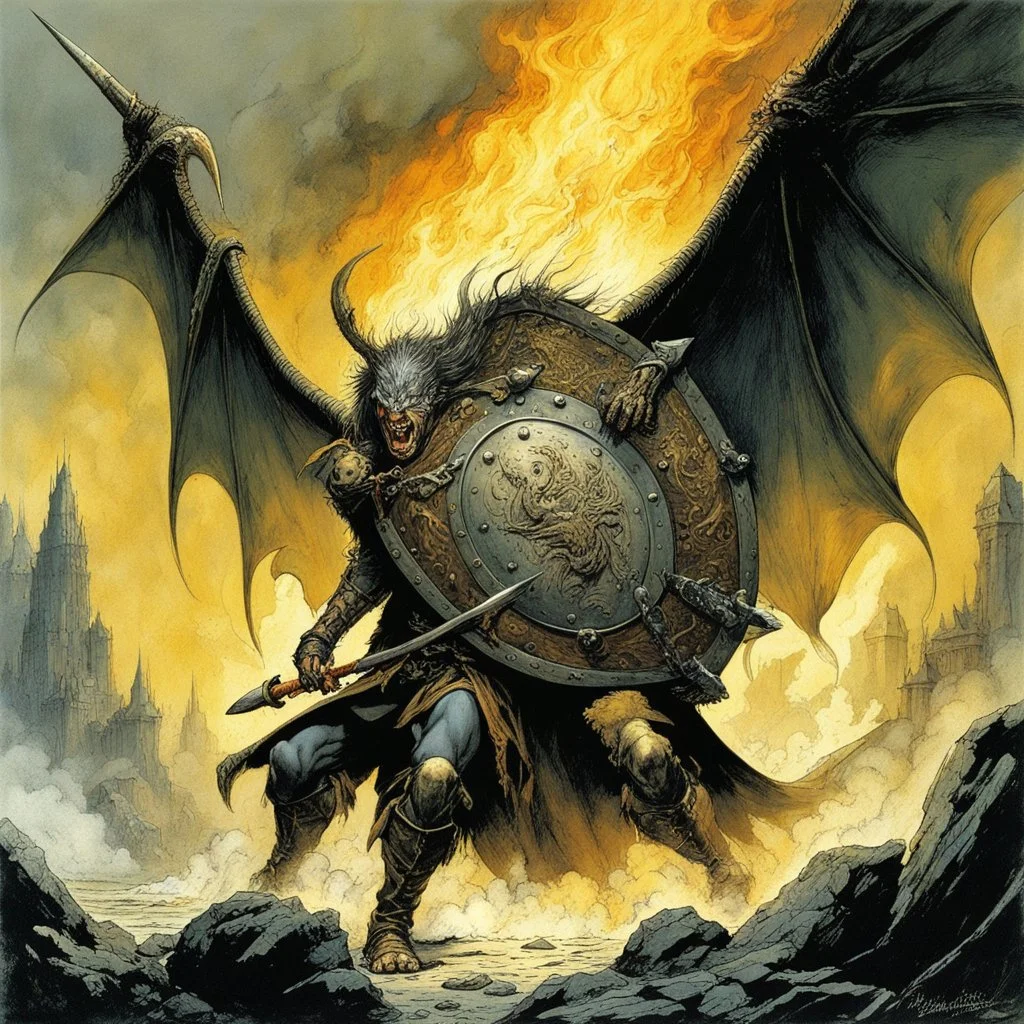 Frail inexperienced squire cowering behind a giant medieval shield against a dragon shooting fire at him from its mouth, by Luis Royo and Boris Valejo, color ink illustration, by Frank Frazetta, shield-core, beautiful, dramatic, cinematic, stunning