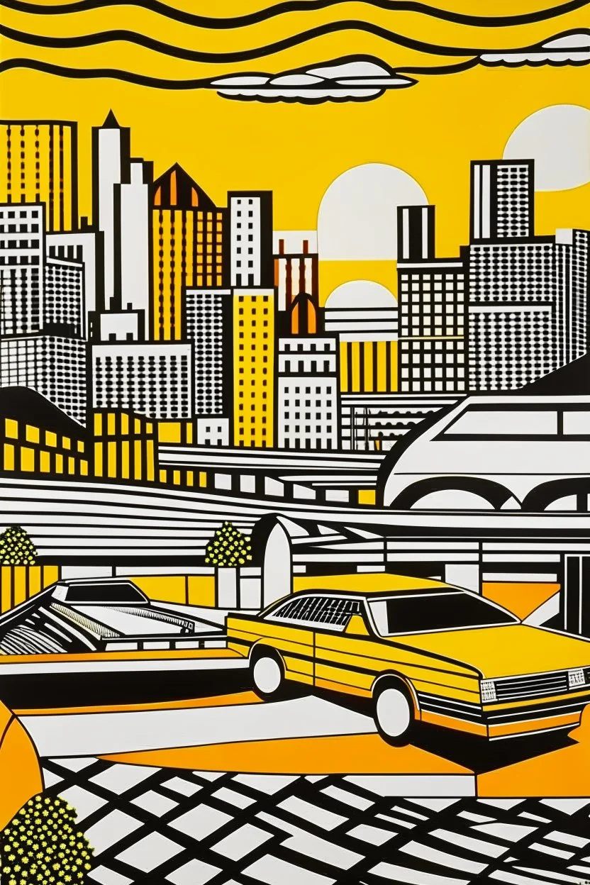 A light rosy orange city with cars and a bridge painted by Roy Lichtenstein