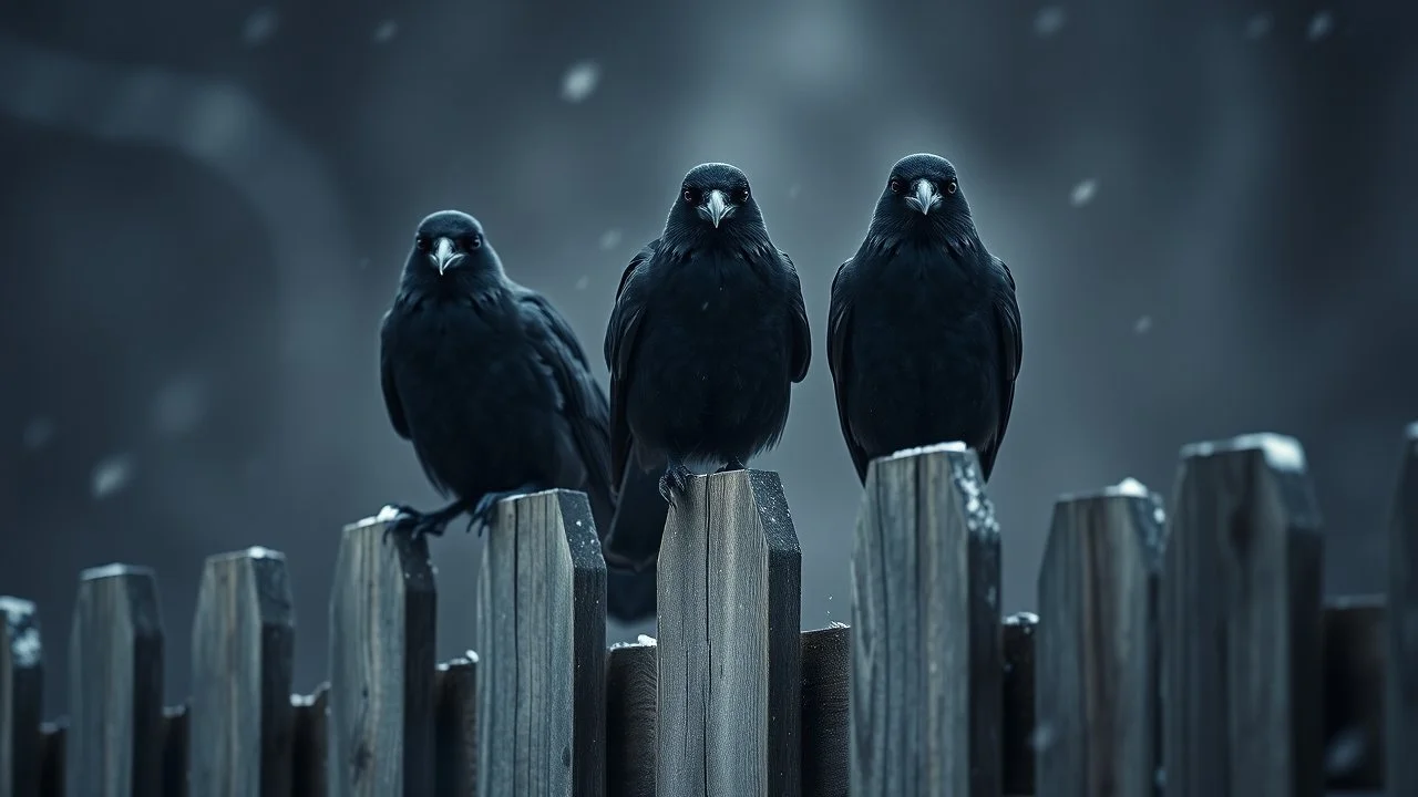 close up photography, three big black crow sitting on top of a wooden fence and looking at the camera, dark thriller mood, shot with sony , winter, high contrast, detailed, high realistic, perfect shoot, professional photography, cinematic