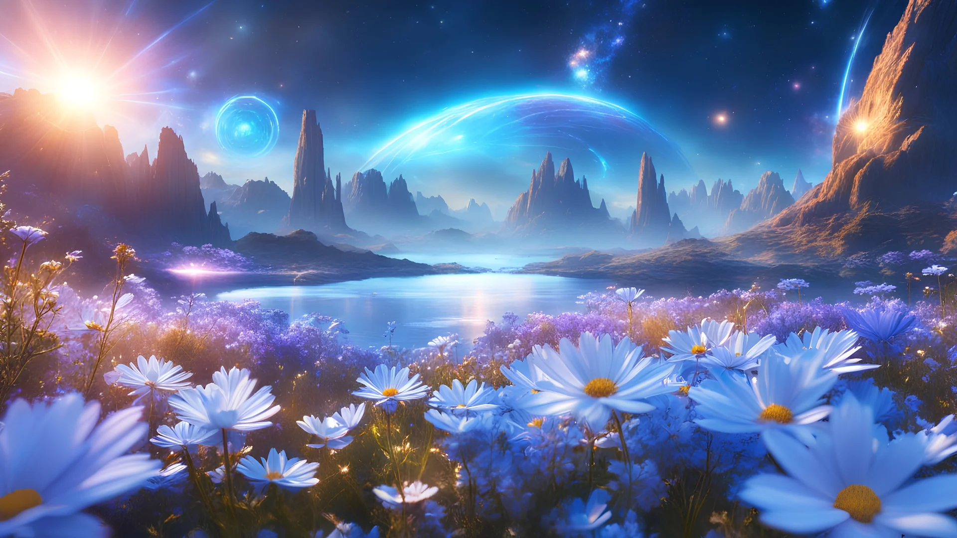 beautiful cosmic ambience galactic orbital stations pure harmony, soft blue, soft blue, smile, galactic, magic, sunrise,transcendent, divine, warm look, fantastic magical white and blue flowers background, ultra sharp focus, ultra high definition, 8k, unreal engine5background, colored lake, ultra sharp focus, ultra high