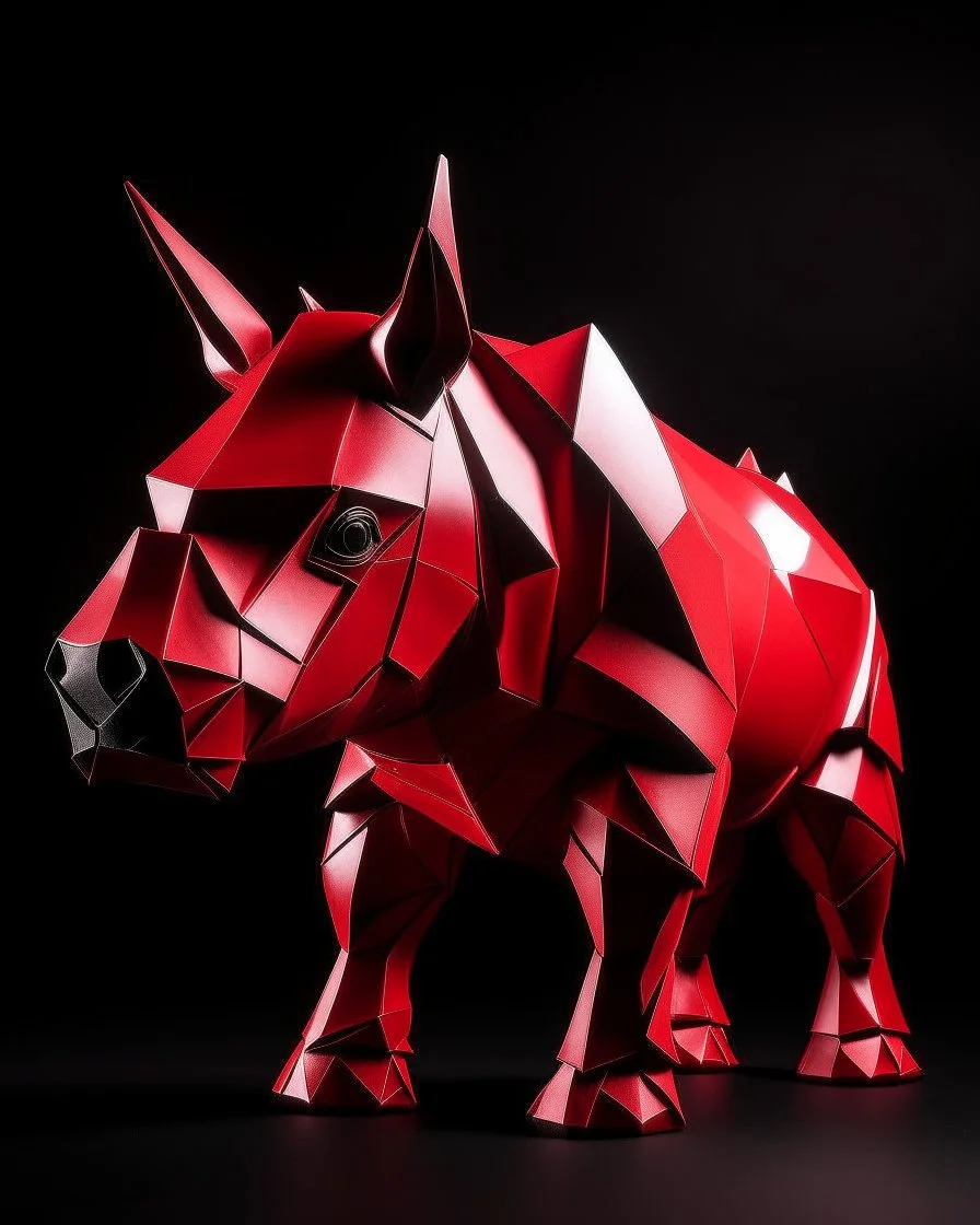 A dark red fire elemental rhino designed in Japanese origami painted by Henri Rousseau