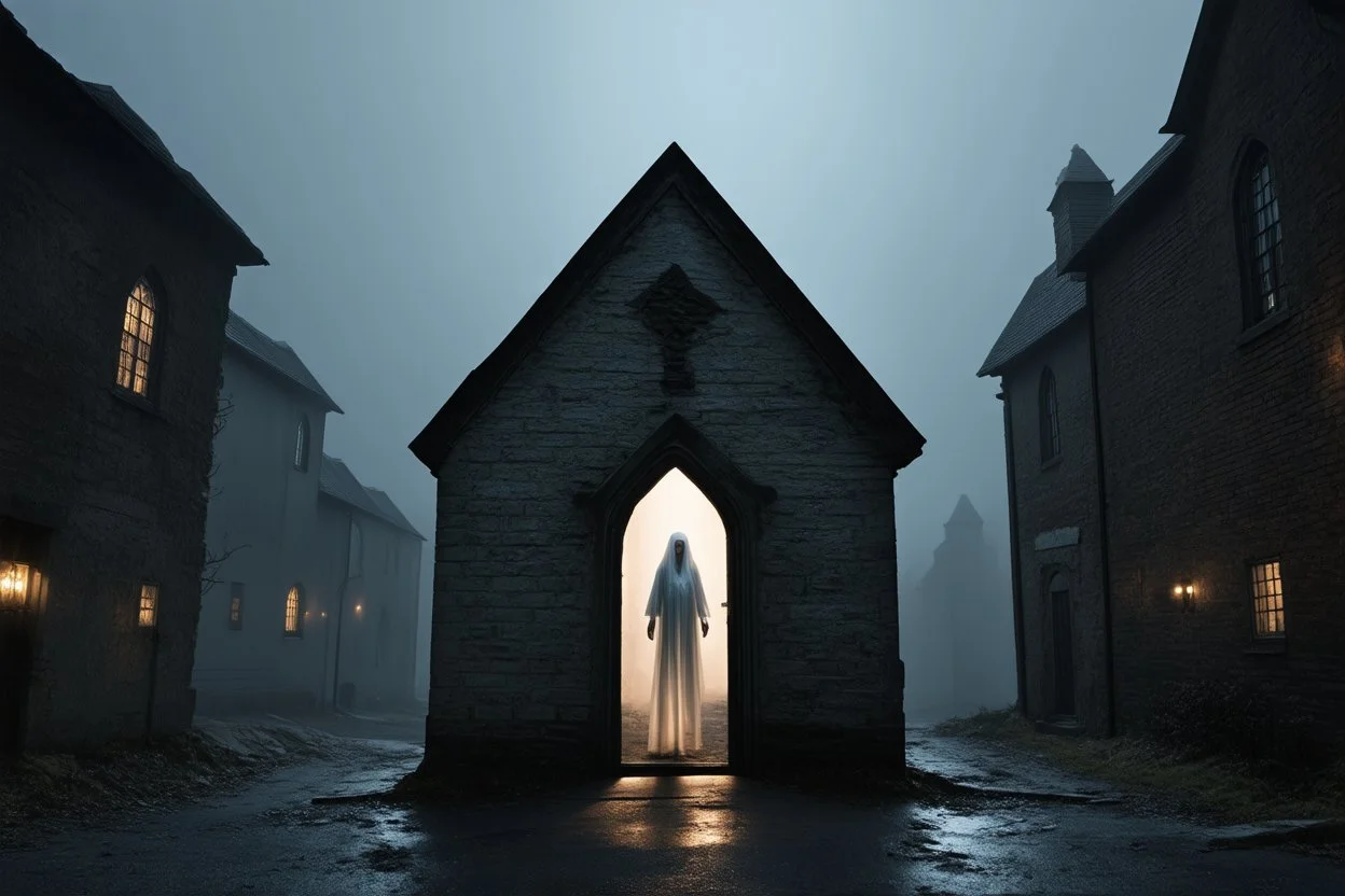 { "prompt": "A creepy, old church in the middle of a foggy, deserted town. The doors are ajar, and a pale, ghostly figure stands in the doorway, staring out into the fog. The atmosphere is dark and eerie, filled with a sense of foreboding.", "size": "1792x1024" }