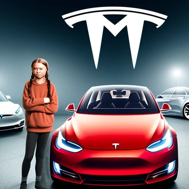 portrait of Greta Thunberg holding driving a tesla