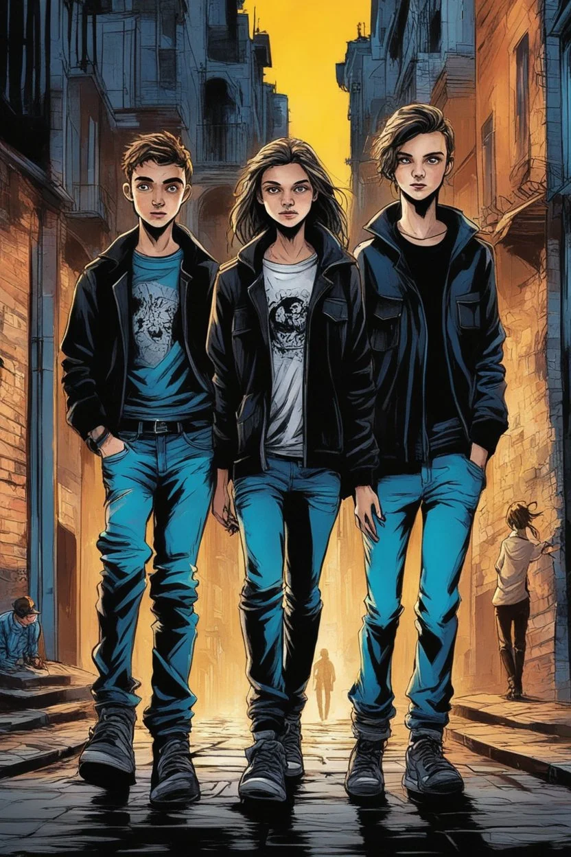 Design a detective book cover for teenagers. Three 15-year-old teenage detectives and a black cat in the centre, one boy on her left, the girl in the centre and one on her right are on the town street. Dynamic style, Banksy style, modern comic book style, mysterious atmosphere, modern clothes, streetwear, street look, Polish style, highly detailed, green eyes, brown eyes, ginger hair, brown hair, blonde hair,