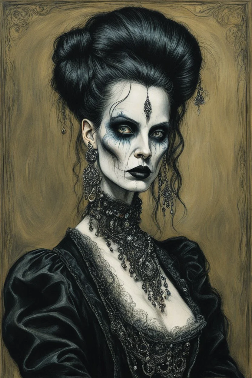 create a 3/4 profile, full body oil pastel of a dark haired, savage, ornately dressed, aged and emaciated gothpunk vampire crone with highly detailed , sharply defined hair and facial features , in a smokey 19th century drawing room in the style of JOHN SINGER SARGENT