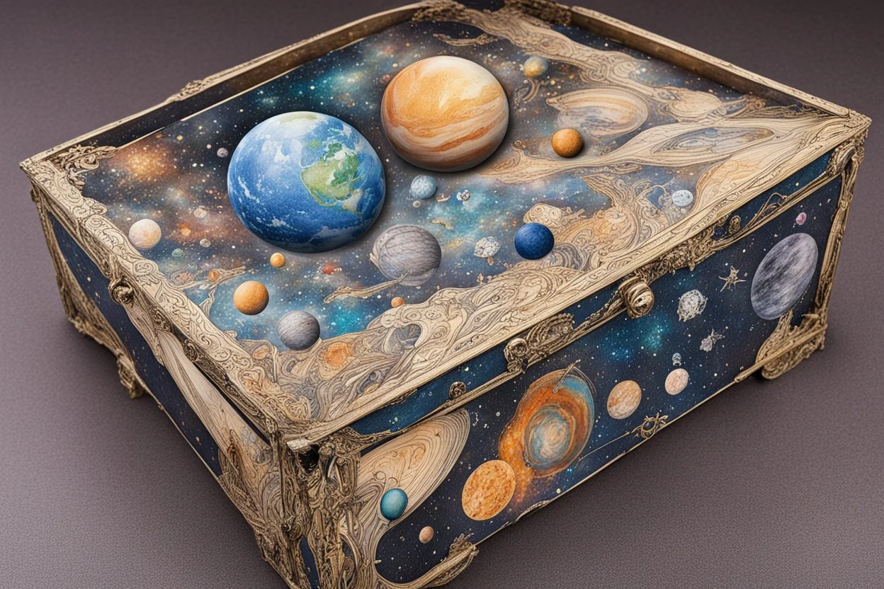 a box for storing things with beautiful drawings a lot of colours, detailed, angles, minerals, planets space,