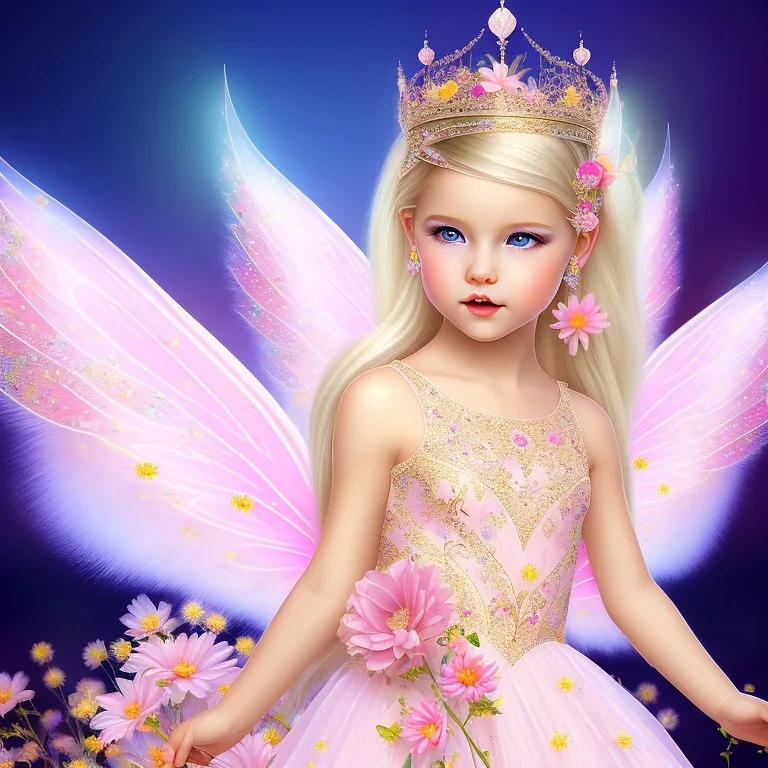 fantasy baby fairy with luminous wings, smiling, make up, long platinum blond hair with crown and flowers, pink dress