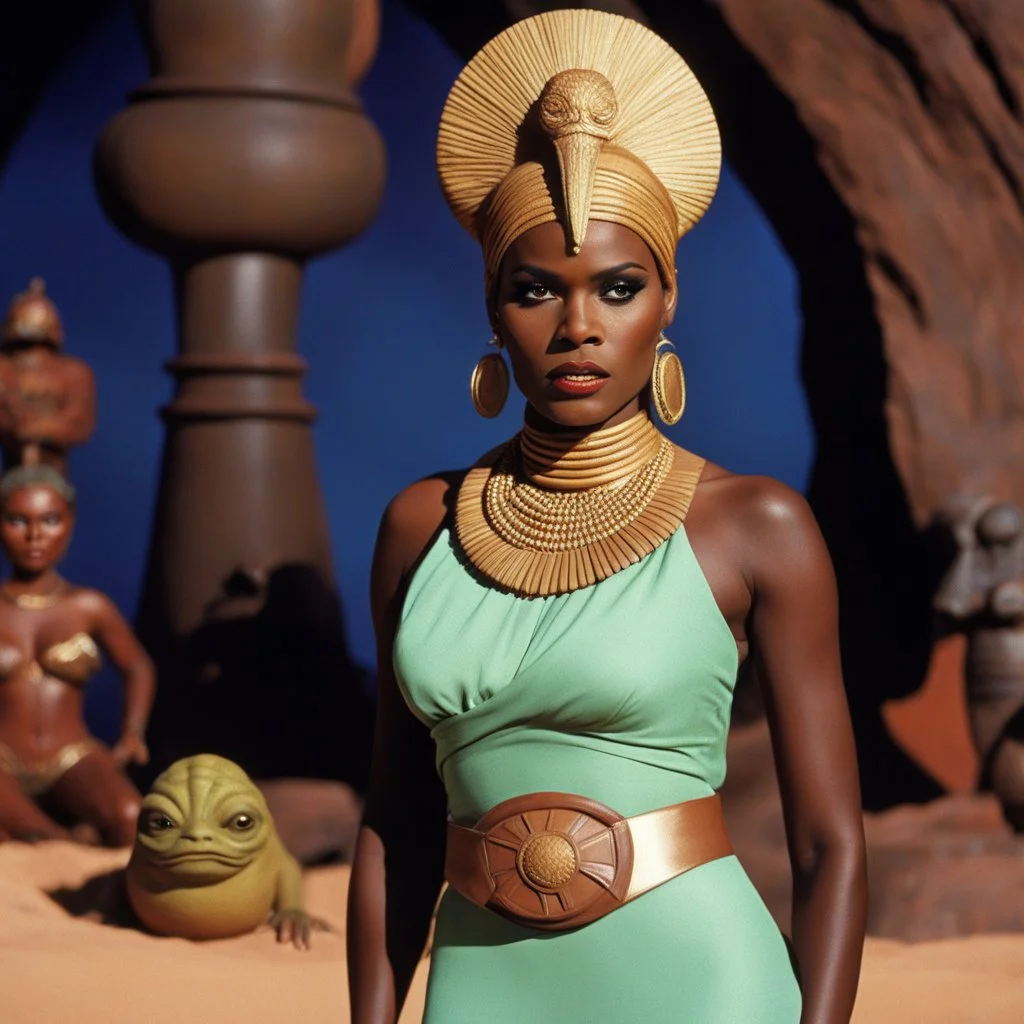 [1960’s stop-motion animation style of Reina guerras de las galaxias] grace jones, in princess Leia's slave costume, close to Jabba the Hutt.