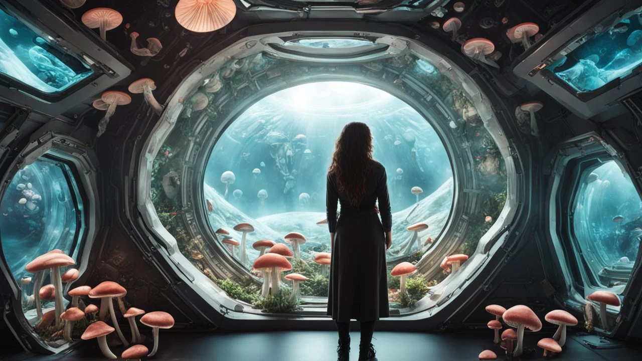 woman standing inside the interior of an alien spaceship, with a large window, with mushrooms with jellyfish tentacles outside