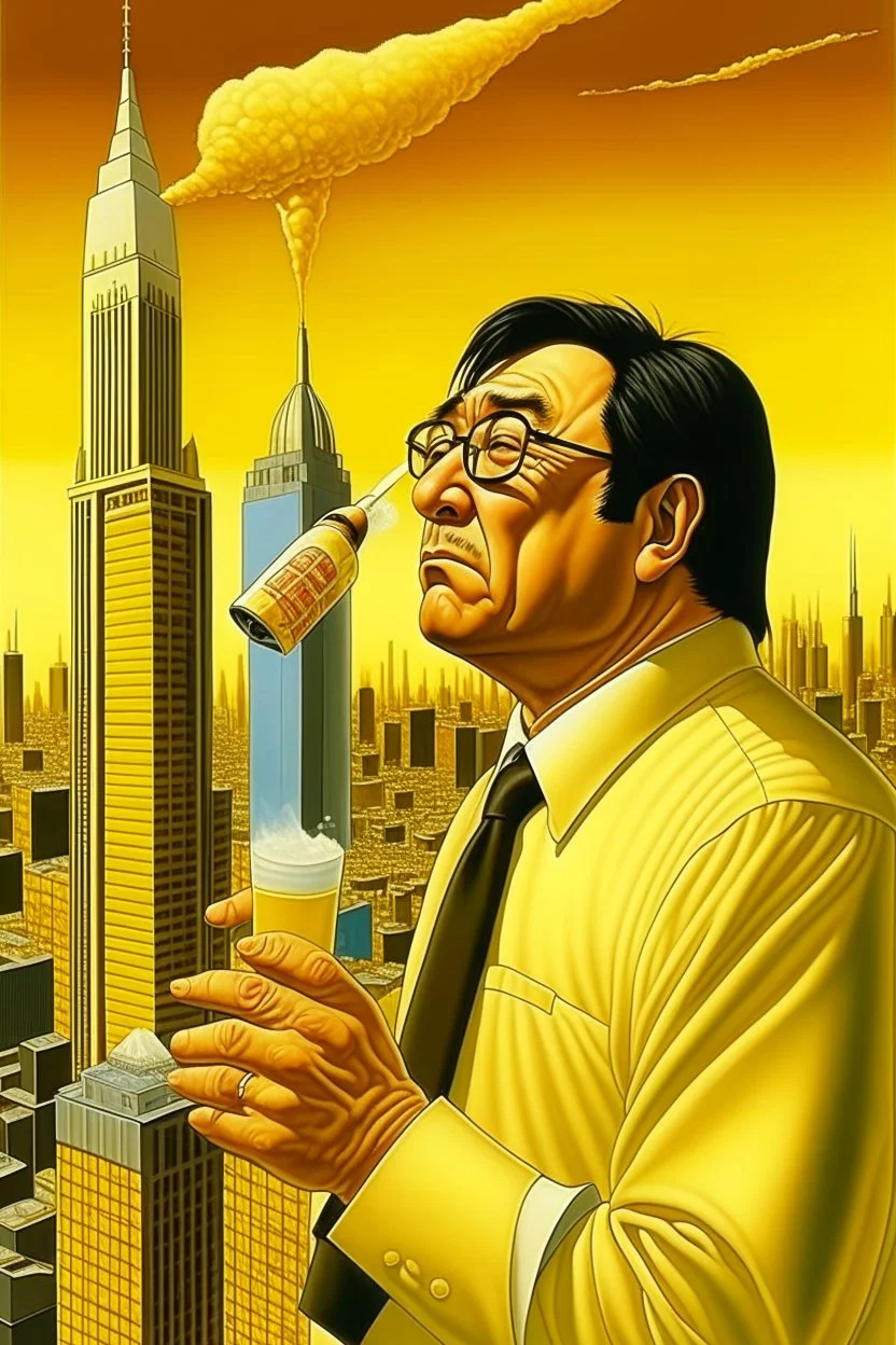 Robert Kiyosaki standing on golden skyskraper drinking milk as helicopters dropping money city burning in background STYLE OF HIROKU OGAI