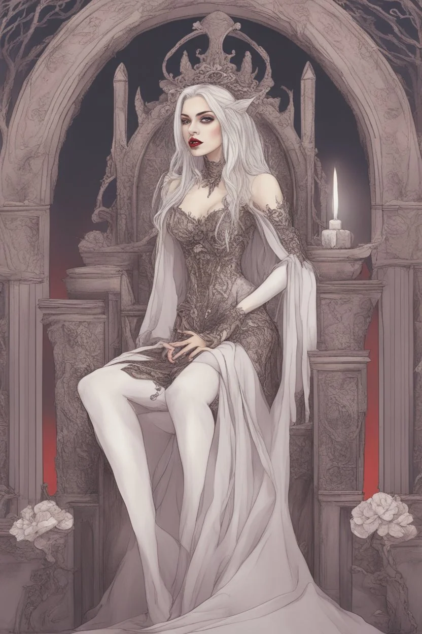 Beautiful white haired Vampire queen on her throne, drawing