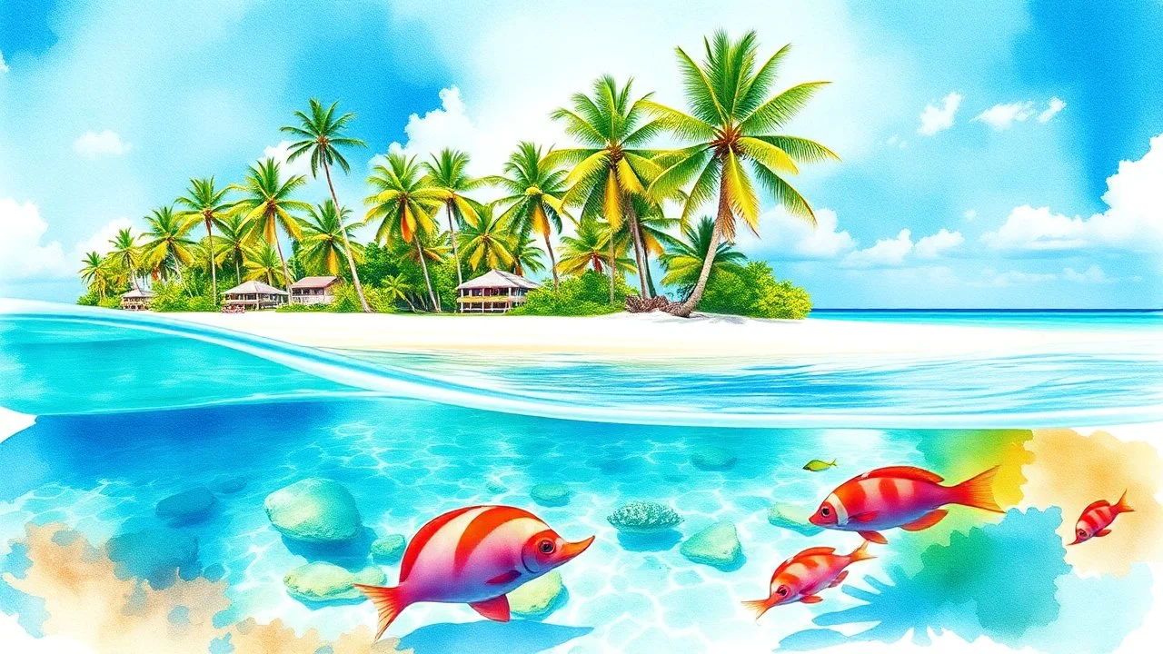 A vibrant watercolor painting depicting the crystal clear waters and palm tree-lined beaches of Aruba, with a focus on the colorful marine life below the surface.