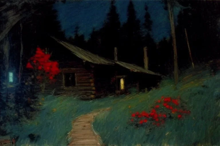 Night, cabin, pine trees, pathway, red flowers, theodore robinson impressionism painting