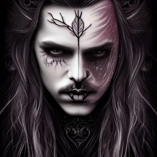 perfect long-haired Vampire, perfect eyes,perfect vampire teeth, full tattoos of roses art and trees extending past face and morphing into galaxy, 8k resolution, high-quality, fine-detail, intricate, digital art, volumetric lighting ,highly detailed, masterpiece, delicate detailed, sharp focus, insanely detailed, fantasy art, intricate detailed, elegant, fog, Special Lighting, Vibrant, color Scheme, forest, unreal engine 5, trending on artstation ,style Daniel Merriam