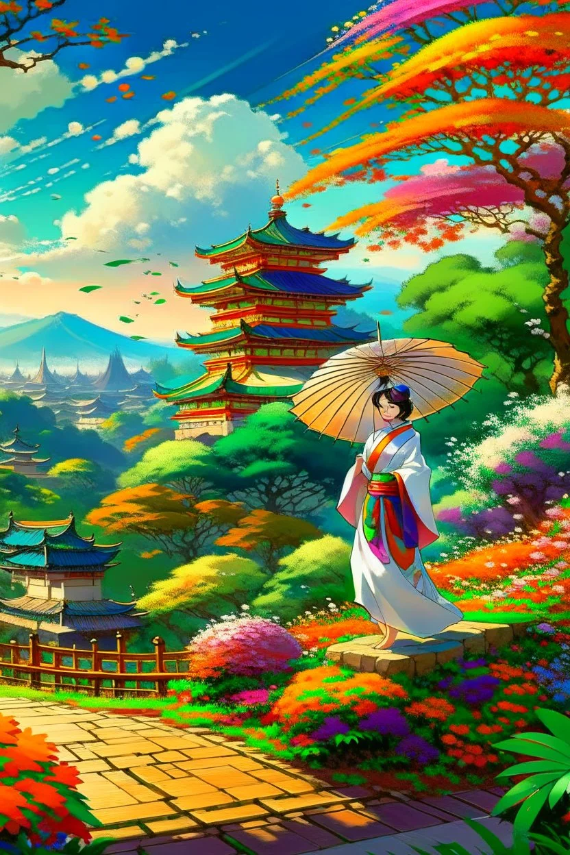 serene and captivating scene of a graceful Japanese woman dressed in an exquisitely designed white kimono adorned with colorful flower patterns. She gently carries a traditional Japanese umbrella as she walks towards a majestic temple. The background showcases a breathtaking panorama of the viewer's landscape, with the temple appearing in the distance. Surrounding the temple, lush green plants and blooming flowers add a touch of vibrant color amidst the pastel yellow and orange hues of the sunri