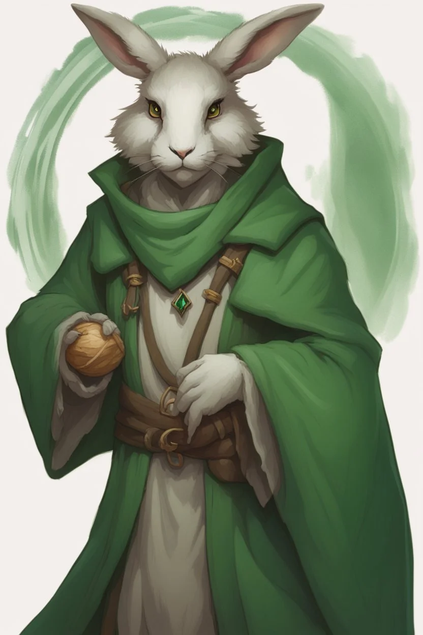 Male rabbitfolk with grey fur and Hazel eyes wearing a emerald green robes in a fantasy setting, sorcerer of life