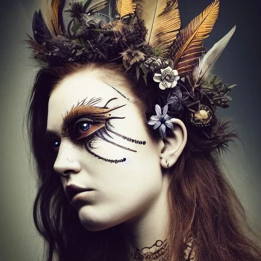 perfect woman portrait , plant metal, feathers, face tattoo, ominous, nature, plants, wildflower, facepaint, intricate, oil on canvas, masterpiece, expert, insanely detailed, cinematic smooth, intricate detail, soft smooth lighting, painted Renaissance style