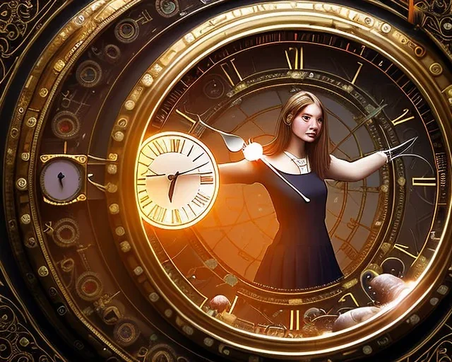 a girl stepping into a big clock portal, a clock as a time travel machine, glowing, luminescent, realistic, intricately detailed, meticulously detailed