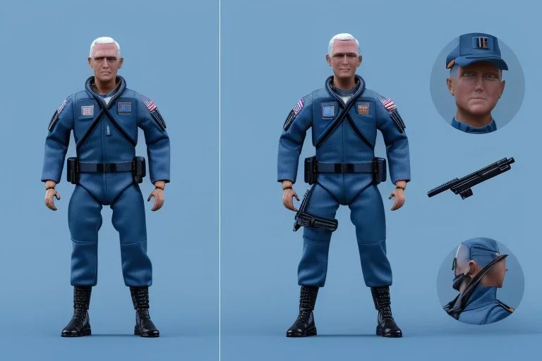 Mike Pence as G.I. Joe Doll toy with a gun blue Uniform space force commander, Blister packaging