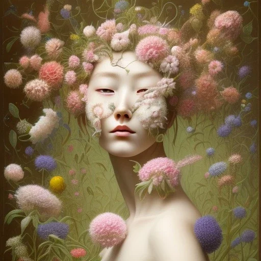 A surrealist painting showcases a woman, surrounded by blooming flowers. This masterpiece was crafted by the talented Ikuo Hirayama and is reminiscent of the works of Naotto Hattori. The subject's detailed face is partially obscured by a mask, and she is draped in a garment of rich green and pink. The painting draws inspiration from the works of Gong Li, Ayami Kojima, and Yoshitaka Amano, as well as Alexey Egorov's style. The woman is surrounded by stems and the piece has a collage-like quality,