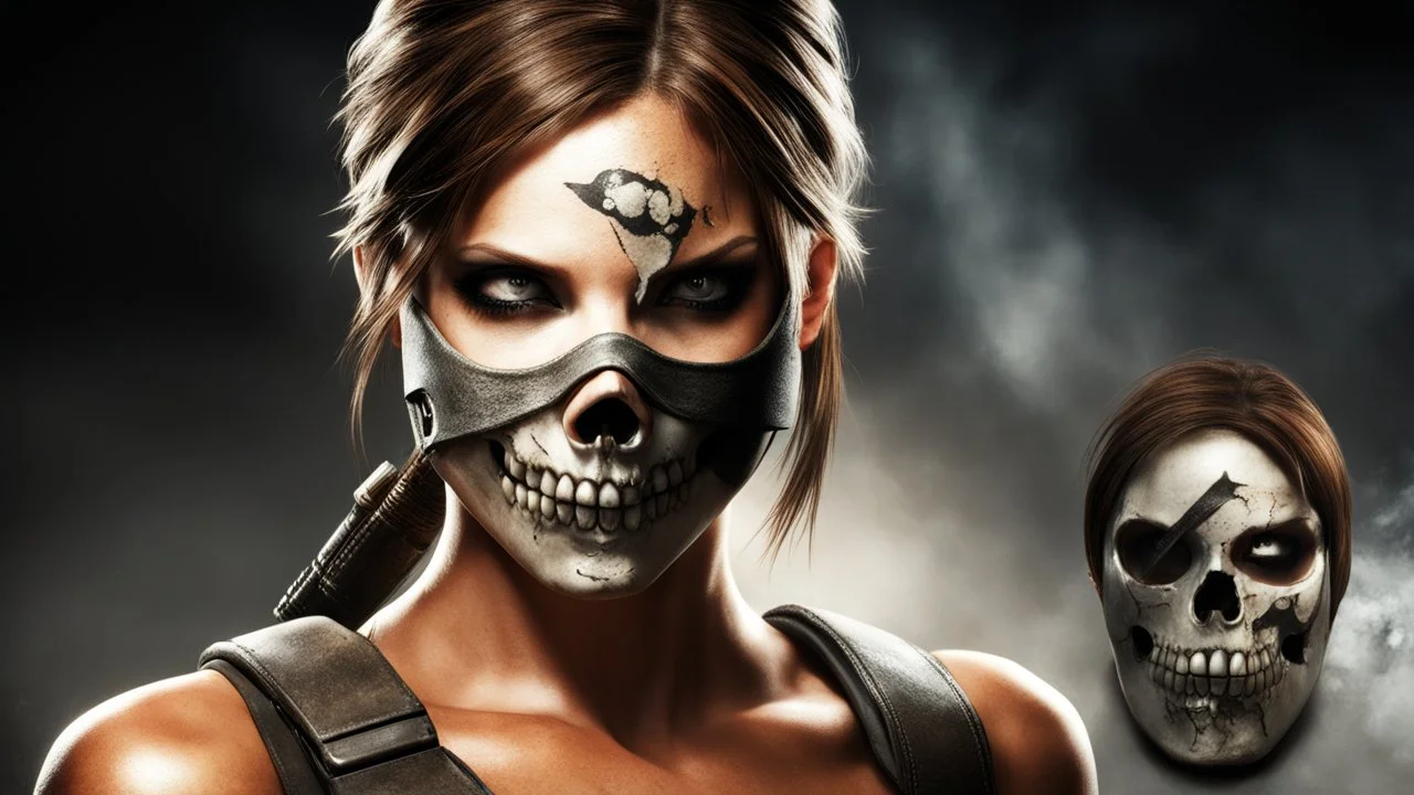 lara croft from tomb raider with a half face skull mask