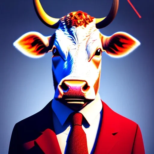 A cow wearing a suit and tie