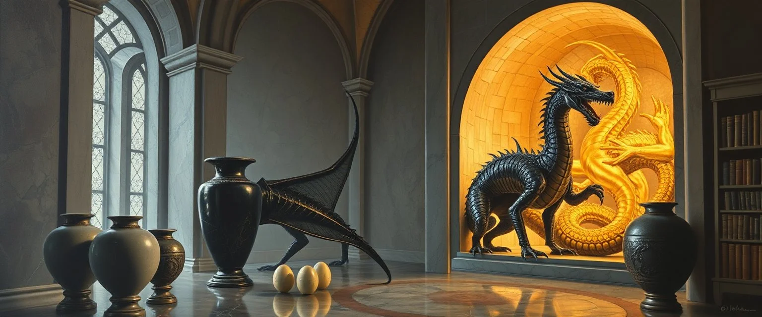 master oil painting by Escher and Giger, glaring vases and black humanoid reflective female dragon and hidden golden dragon inside marble hall library, cryptic eggs, sacred geometry