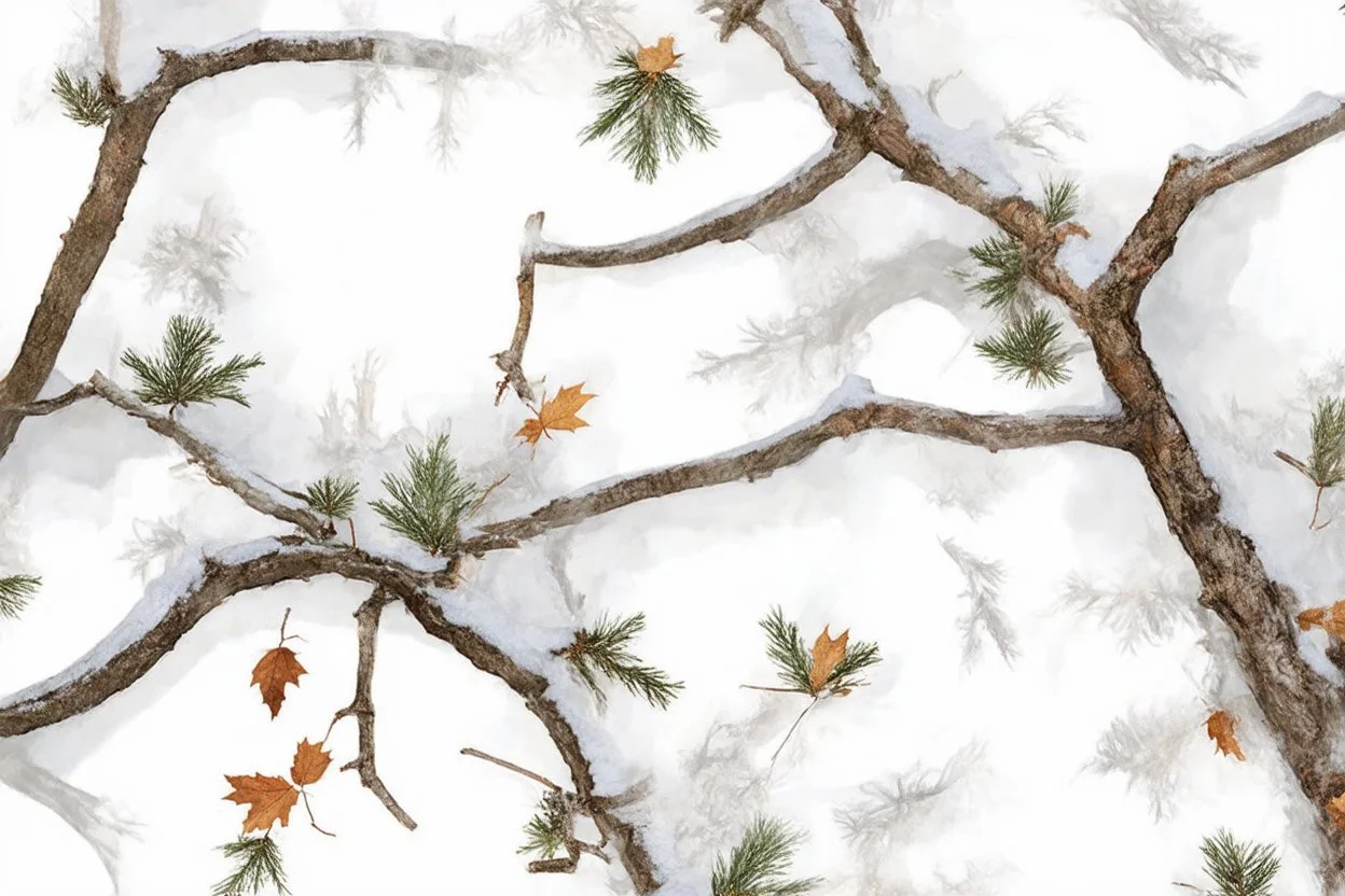 detailed Real Tree Camouflage made of bare branches, fir branches, dried maple leaves, snow and dirt, light drop shadows, white background, seamless repeatable texture camo pattern, muted color
