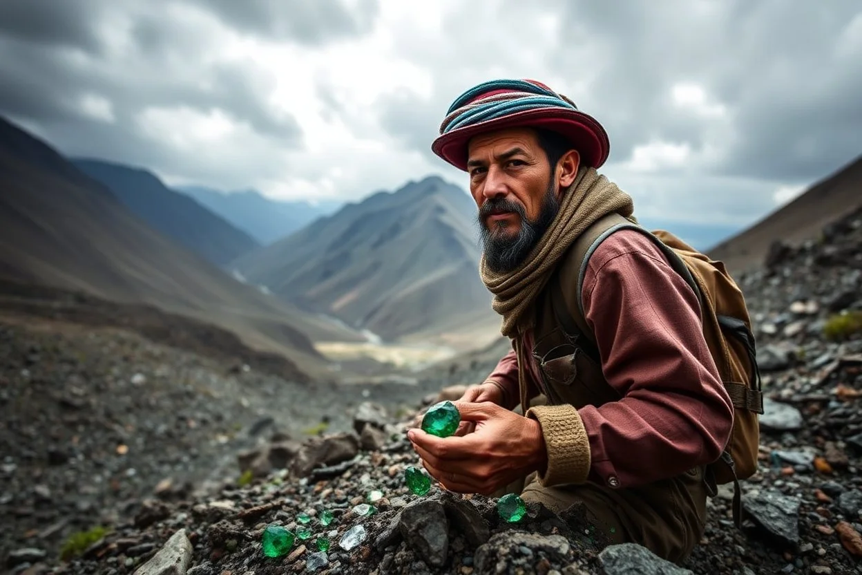 a dramatic image of a gem explorer in rugged terrain—such as a miner in Afghanistan’s Panjshir Valley, a Tanzanian artisan digging for spinel, or a Colombian emerald hunter—to visually anchor your article and highlight the adventure behind these investments.