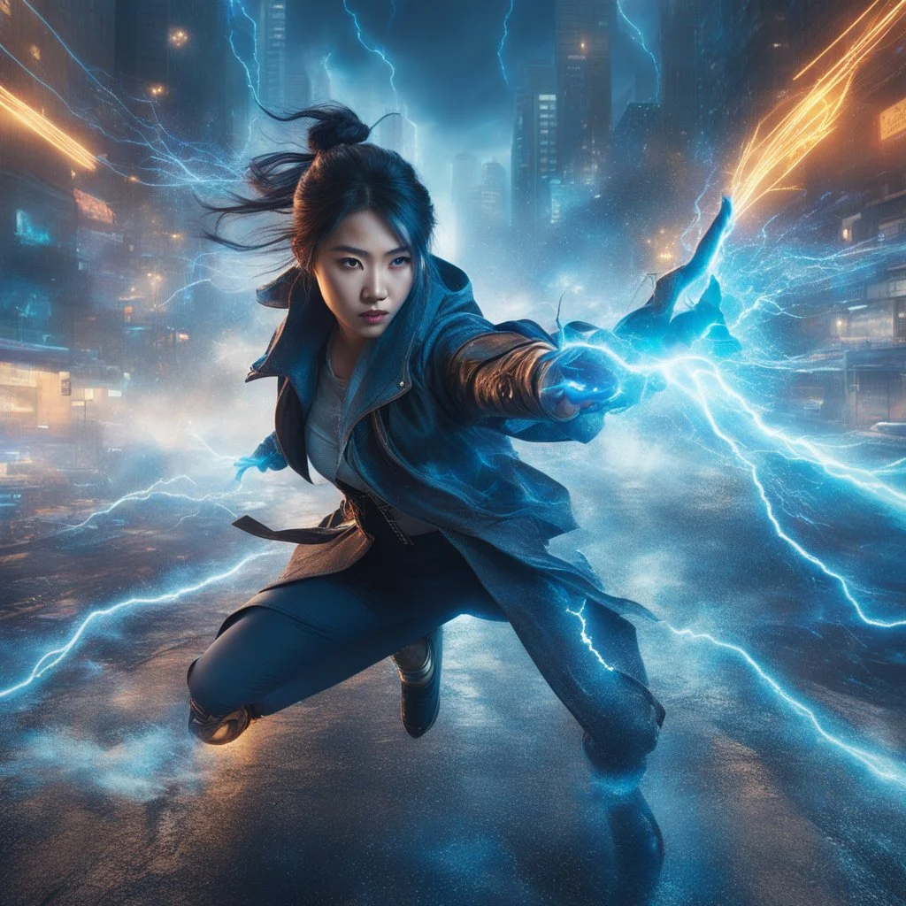 Photorealistic image of a fierce young Chinese woman in modern clothing style, dynamic pose, shoots a stream of blue lightning from her hands, in the middle of a city street, the girl is surrounded by many blue lightning, bioluminescent and magic dust. The image has vibrant colors, vivid contrasts and detailed octane rendering. Epic. Cinematic. Creative lighting.