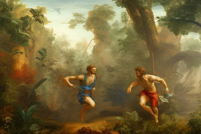 man running in colorful jungle by andrea del sarto