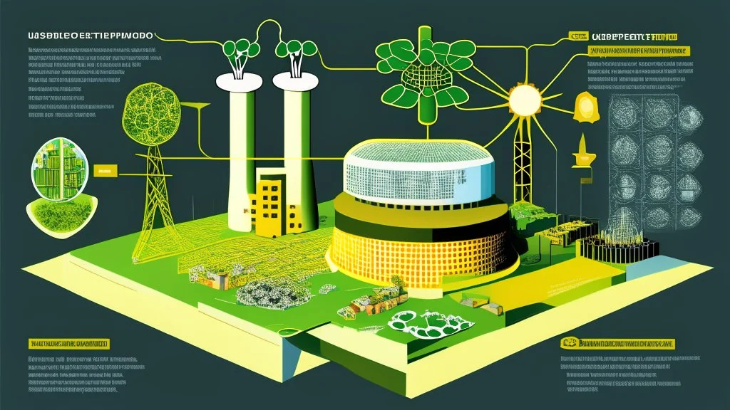 "The image illustrates the concept of nuclear energy and its environmental impact. It portrays a modern nuclear reactor alongside arrangements of solar panels, symbolizing the use of multiple sources for safe and sustainable energy generation. The image strikes a balance between technology and the environment, reflecting the complex content of the article and the influence of energy on the natural world."