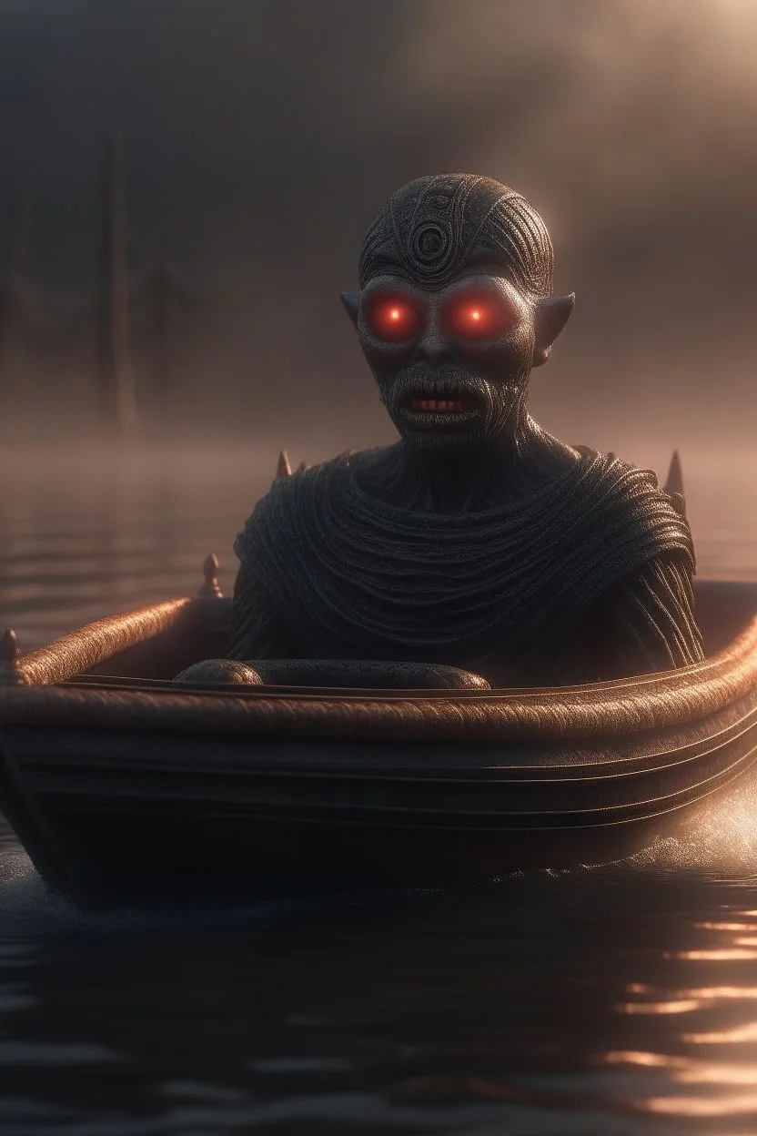 forbidden obsidian boat, charon robot that stares at us like we are the prettiest demon it has ever seen, its such a perfect day, motion blur, smoke, 8k, downlight, soft light, depth of field, photorealism, trending on art station, lotsa detail