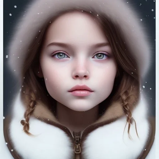 Portrait of girl child with brown hair and with cute face, north pole snowy vibe , perfect composition, hyperrealistic, super detailed, 8k, high quality, trending art, trending on artstation, sharp focus, studio photo, intricate details, highly detailed, by greg rutkowski